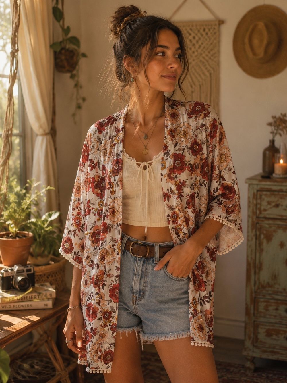 RoomMates Floral V-Neck Kimono in Cream and Rust Tones